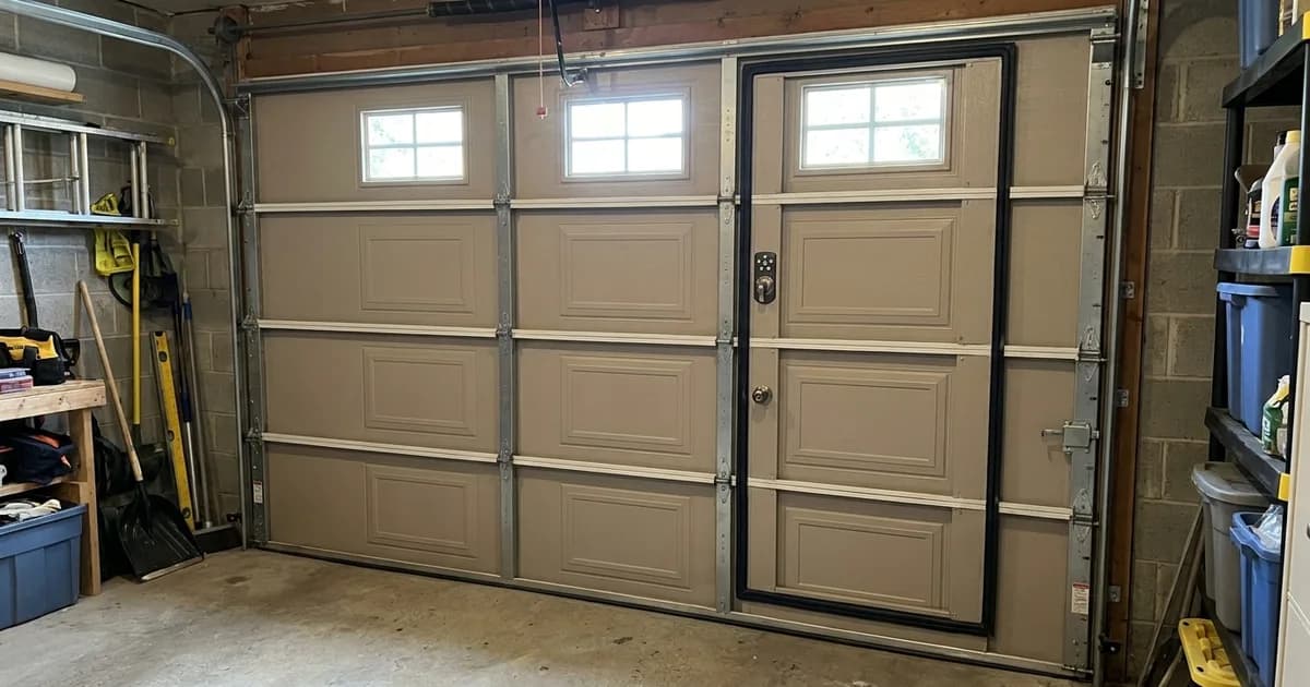 Interior garage view of a pedestrian man door in a Richmond Hill sectional door